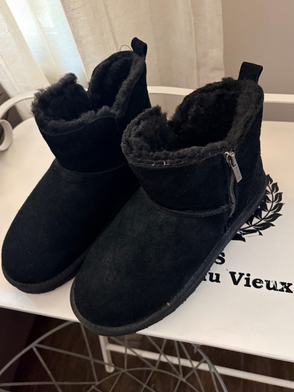 BearPaw 9 Black Suede-Look Faux Fur Ankle Booties